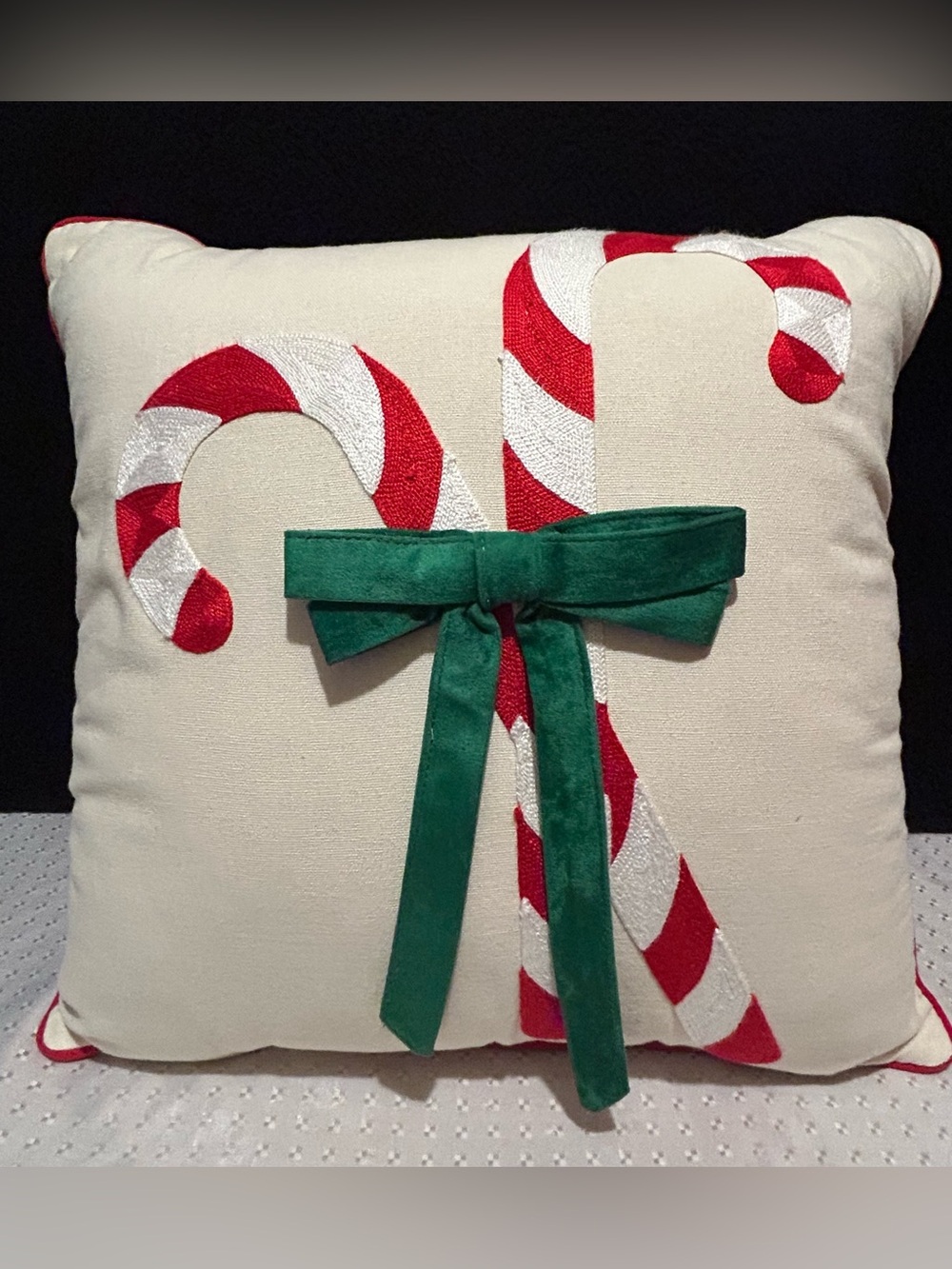 Martha Stewart Red Ivory Candy Can Green Velvet Bow Christmas 18” Pillow
